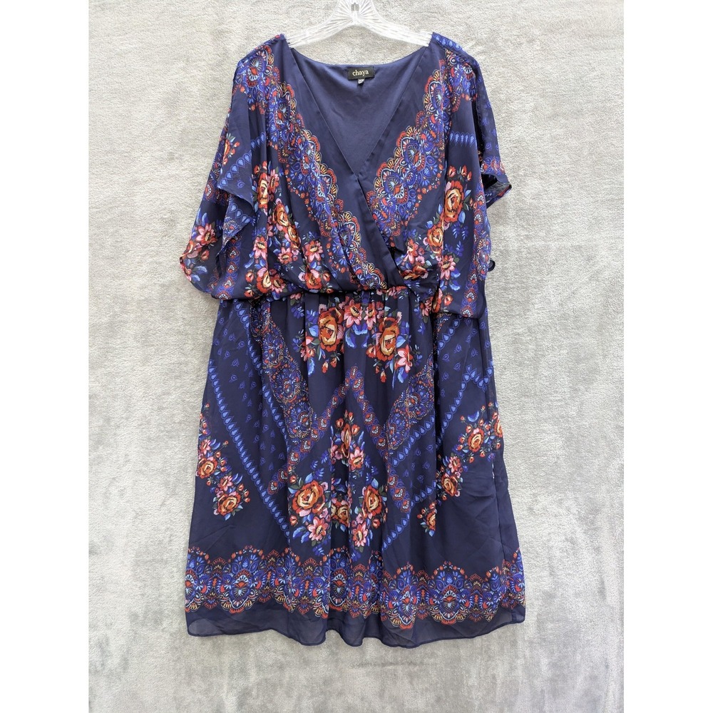 Chaya Dress Womens 24W Blue Floral Boho Chiffon Wrap Fit Flare V Neck Lined